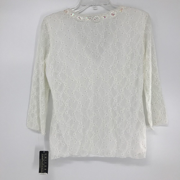 NEW Med 3/4 Sleeve Lace Sequence Off-White V neck Crochet - Picture 3 of 8
